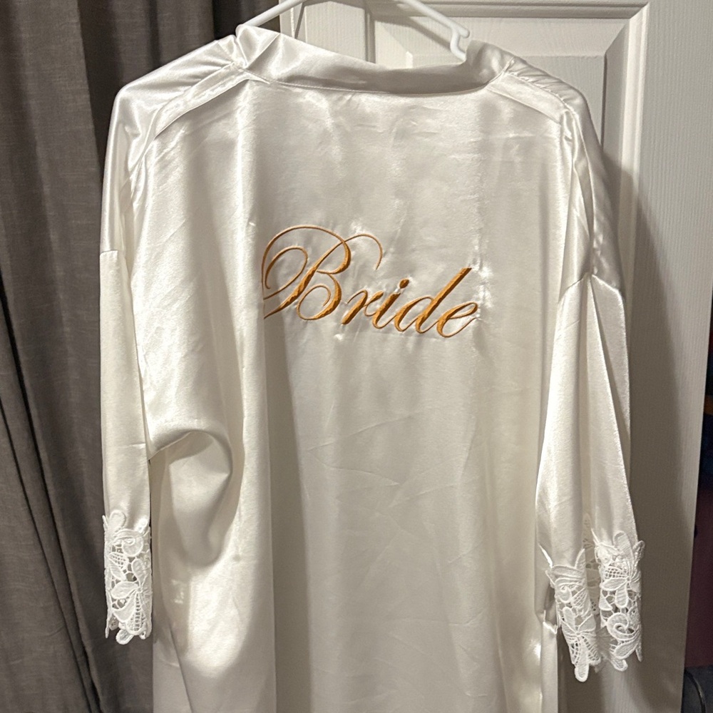 White Satin Bride Robe with Lace Trim
